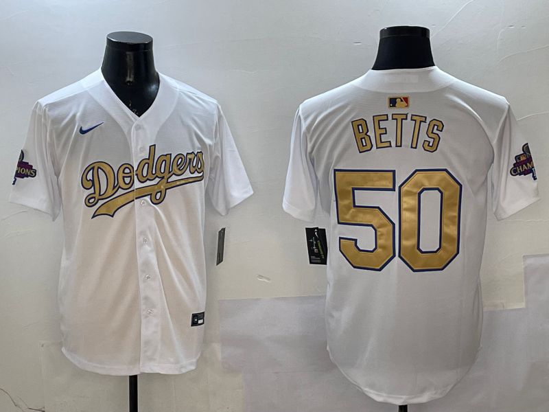Men Los Angeles Dodgers #50 Betts White Champion gold character 2025 Nike MLB Jersey style 6